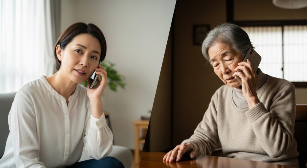 離れて暮らす娘と高齢の母親が電話で会話している様子。生活支援や免許返納をめぐる家族の悩みを表すシーン。