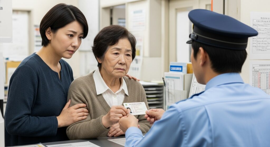 高齢の母親が娘に付き添われて警察署で免許証を返納している様子。本人の尊厳を守りながら安全を優先する家族の決断。