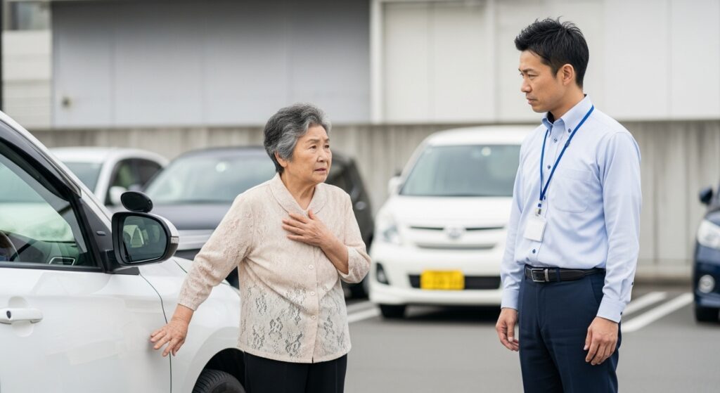 駐車場で高齢女性がインストラクターと話している様子。ペーパードライバー講習を通じて免許返納か運転継続かを考える場面。