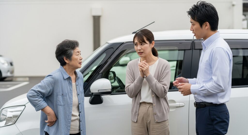 高齢の母親と娘が車のそばで教習指導員と話している様子。ペーパードライバー講習を通じて運転継続か免許返納かを相談している場面。