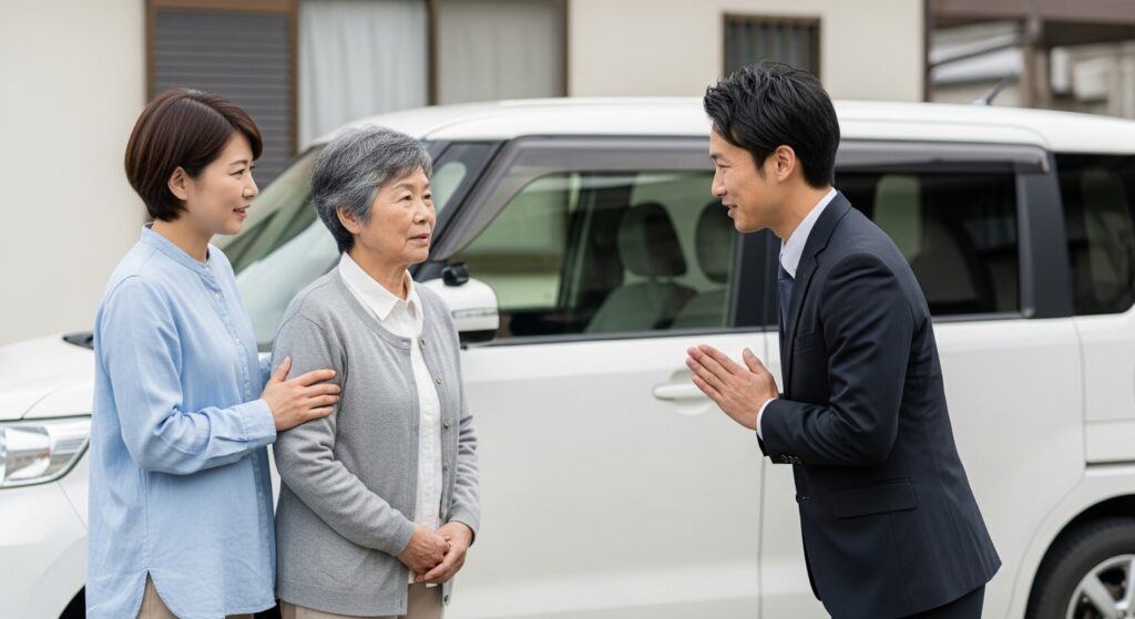 高齢の母親と娘が車のそばでインストラクターと挨拶している様子。出張ペーパードライバー講習の開始シーン。