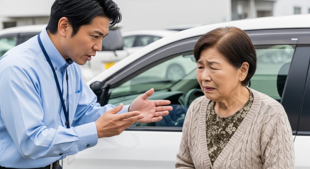 駐車場で教習指導員が高齢女性に厳しい表情で安全を強調し、運転の中止を伝えている様子。