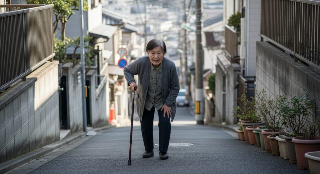 住宅街の細い坂道を杖をつきながら登る高齢女性。免許返納後の生活に不安を抱える姿を象徴する場面。