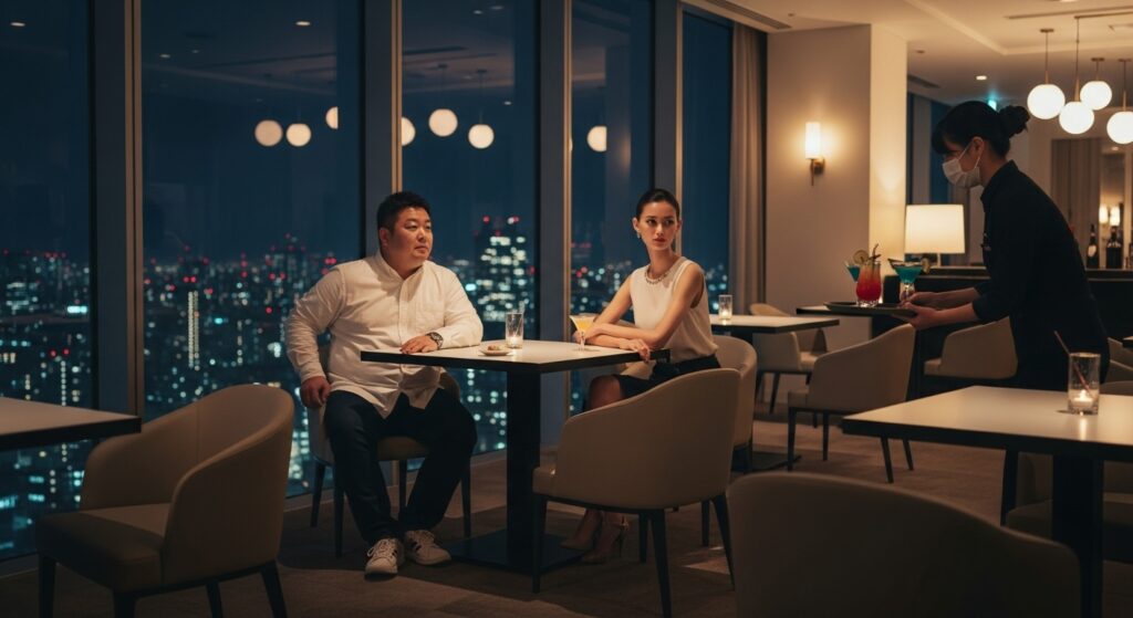 高層階スカイラウンジで夜景を背景に座る男性と女性。テーブルにはカクテル、店員がドリンクを運んでいるシーン