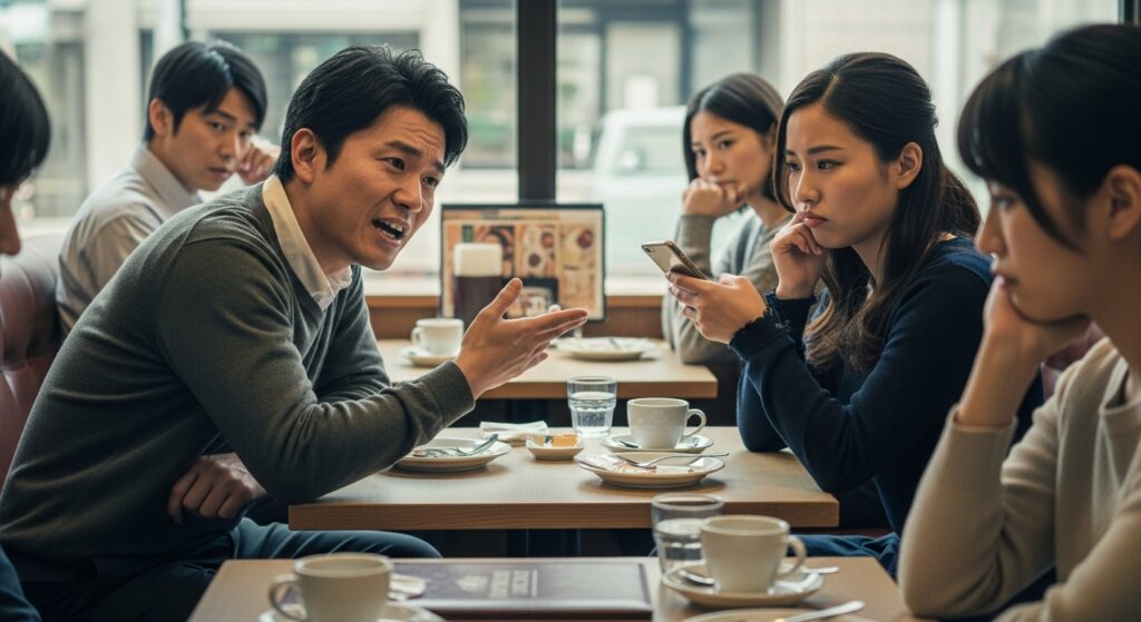 「カフェで男性が自信満々に話しているが、女性はスマホを見ながら退屈そうな表情をしている。周囲の人も気まずそうに見ている。」