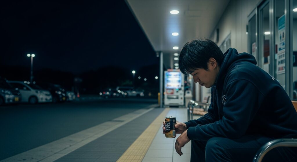 高速道路の合流に疲れ休憩所で缶コーヒーを飲み落ち込む男性