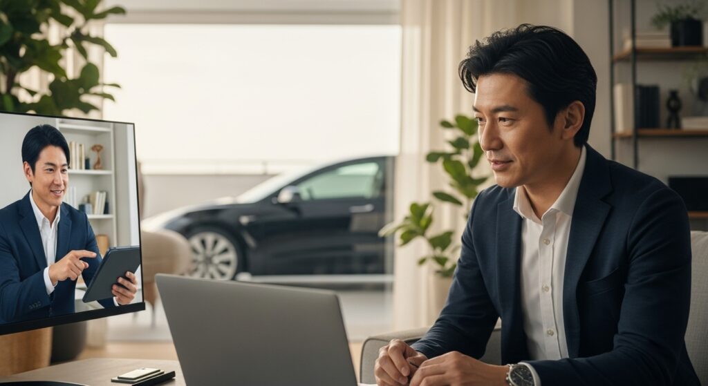 黒いテスラModel 3を背景に、オーナーが自宅のデスクからオンライン個別相談会に参加。画面越しにインストラクターがタブレットを使って講習プランを説明している様子。
