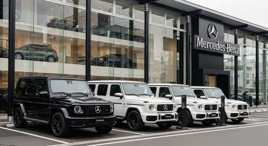 メルセデス・ベンツGクラスが並ぶ都内ディーラーの展示車ラインナップ