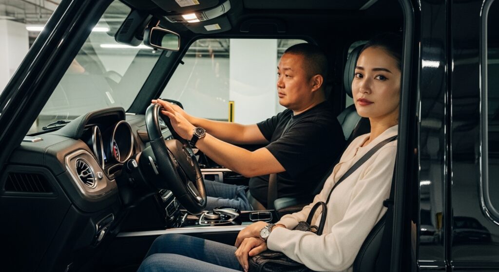 ベンツGクラスの車内で運転席の男性と助手席のモデル風女性が並んで座るシーン。都会的で洗練された雰囲気のライフスタイル