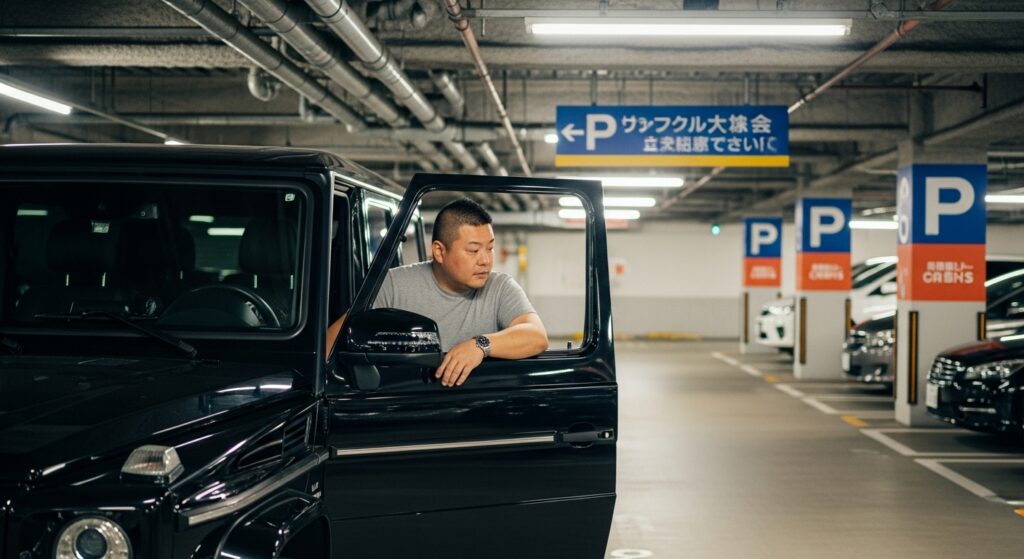 地下駐車場でベンツGクラスのドアにもたれる独身男性。腕時計が光り、都会的なライフスタイルを感じさせるシーン