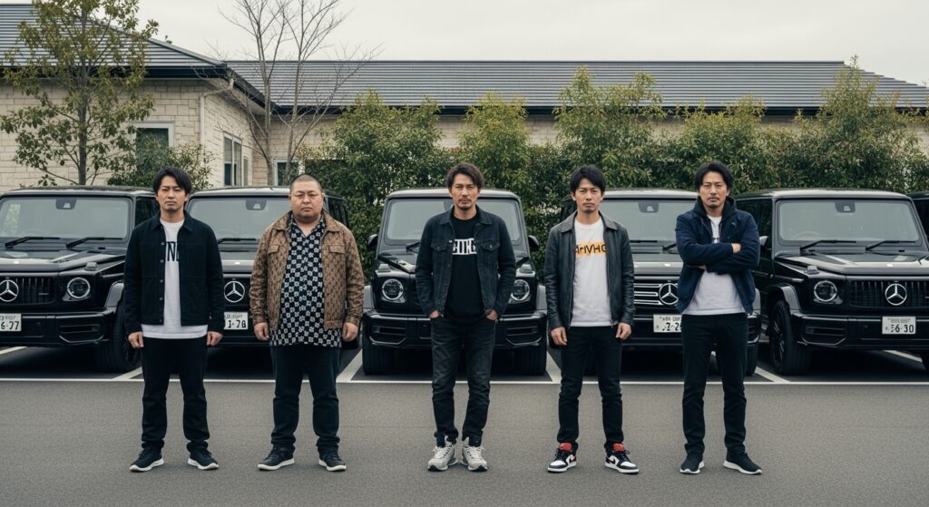 黒いベンツGクラスを背に5人の40代男性が横一列に並ぶシーン。駐車場でライフスタイルを象徴する集合写真