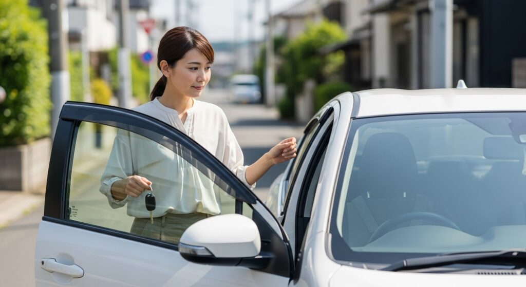 住宅街で車に乗ろうとしている30代の主婦ドライバー。保育園送迎や買い物ルートの運転に自信をつけたシーン。