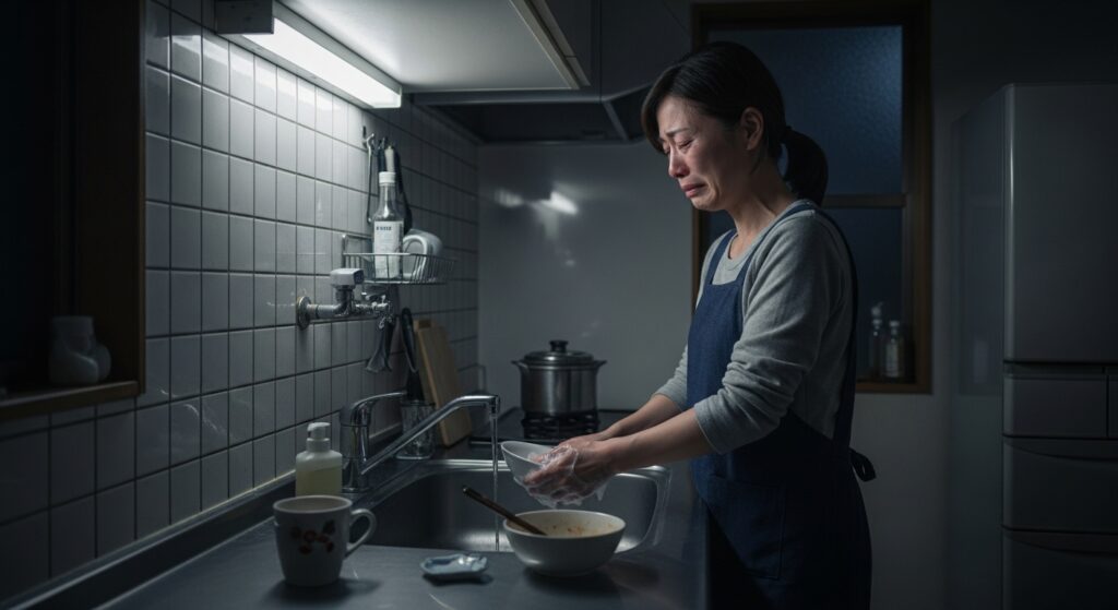 夜の台所で食器を洗いながら涙を流す母親。教育格差や生活の負担が孤立感を生んでいる様子