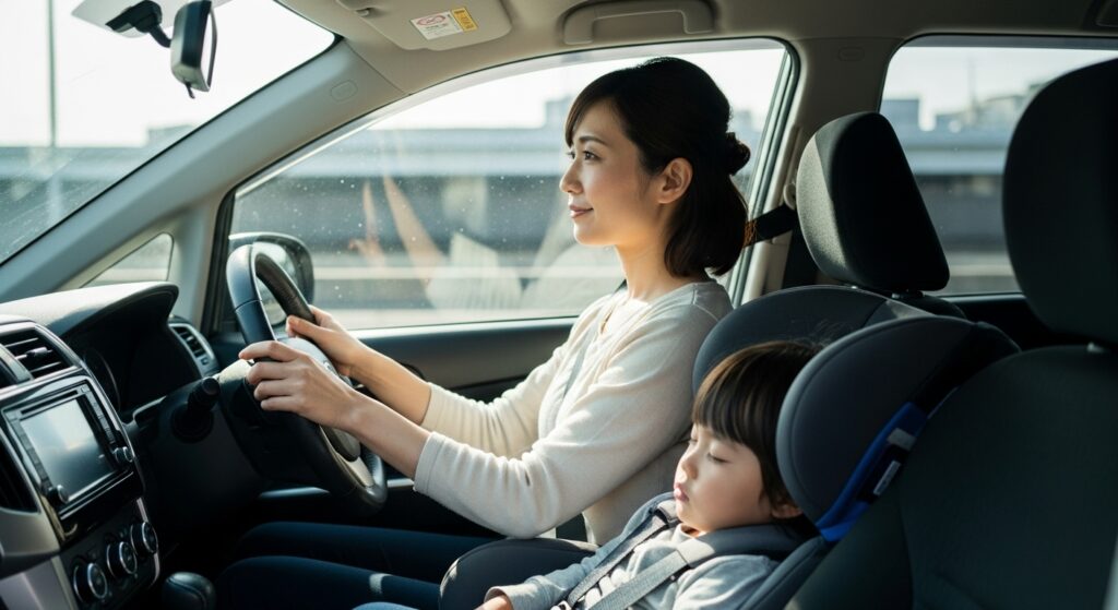 「母親が運転する車内で、後部座席のチャイルドシートに座った子供が眠っているシーン」