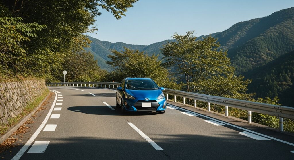山道を走る青いコンパクトカー｜ペーパードライバー講習での山道走行練習シーン