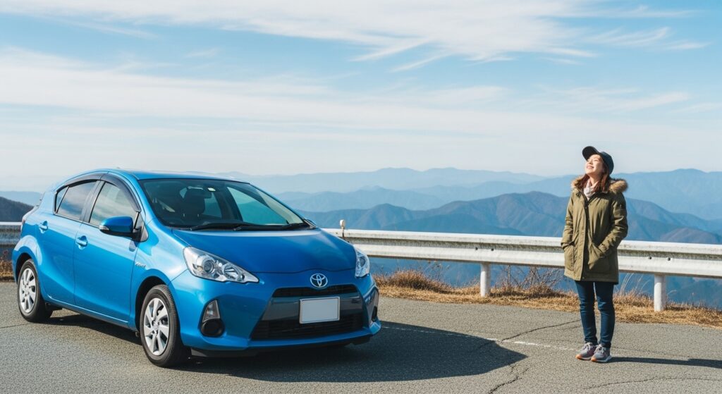 山頂の駐車スペースで青いコンパクトカーと女性が並び、達成感を感じているシーン｜運転練習を終えて自信を得た瞬間