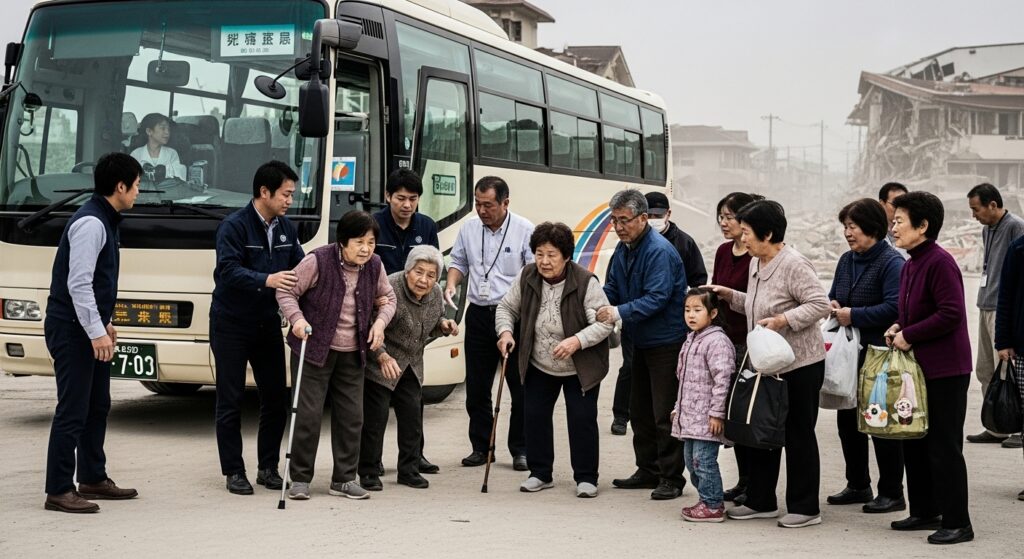 「地震で被災した地域で、自治体の職員が高齢者をバスに誘導して避難支援を行う様子。災害時の移動困難者支援の重要性を示すシーン。」