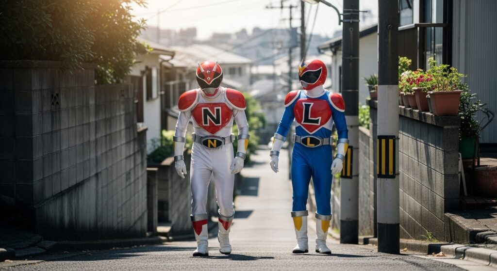 「住宅街の下り坂に立つNとLヒーロー。Lギアを使った坂道走行で自然減速を体感するシーン。」
