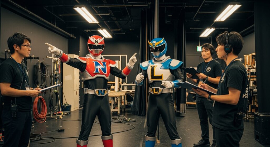 「舞台袖でNとLのヒーローがスタッフと打ち合わせしている様子。NとLギアを使うべき特定の場面を象徴するシーン。」