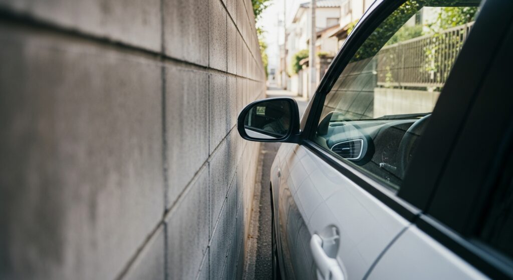 狭い住宅街で車の左側をブロック塀ぎりぎりに通過するシーン。ミラーが当たりそうな緊張感が伝わる構図。