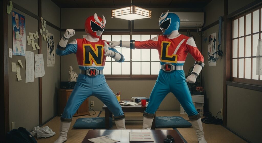 「和室でNとLヒーローが向かい合い、練習をしている様子。NとLギアの役割を実際に体験して学ぶ大切さを表現したシーン。」