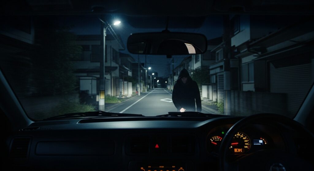 夜の住宅街で黒い服の人物が突然現れるドライバー視点のシーン
