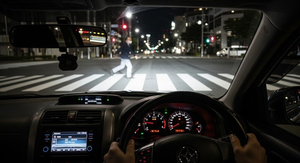 夜の交差点で横断歩道を渡る歩行者を車内から見た視点