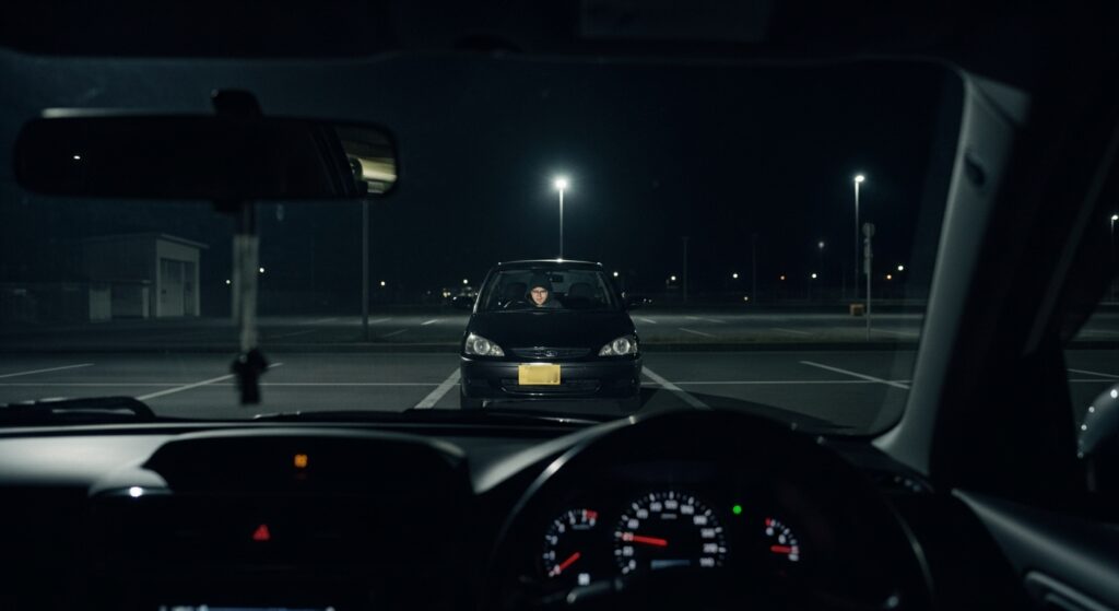 車内から見た夜の駐車場。向かい側の車に座ったままこちらを見ている男性がいて、不安を感じる緊張感のあるシーン。