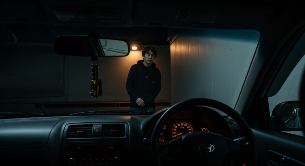 車内から見た深夜の駐車場で、黒いパーカーの男性が立ってこちらを見ているシーン。防犯意識を高めるためのイメージ。