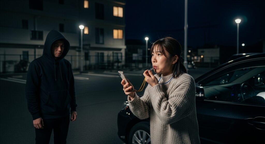 夜の駐車場で黒いパーカーの男性を前に、防犯笛を吹いて助けを呼ぶ女性のシーン。車はすぐ横にあり、緊張感のある状況。