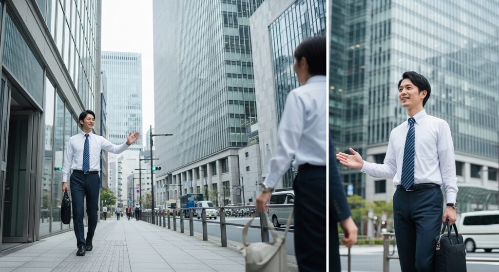 「西新宿のオフィス街で、30代の日本人男性が笑顔で挨拶しながら歩いている。ここからペーパードライバー講習ルートが始まるシーン。」