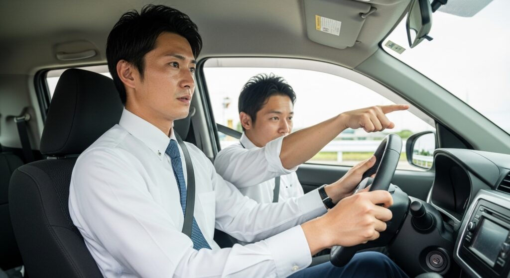 「西新宿エリアでペーパードライバー講習を受ける30代男性。運転席で緊張しながらハンドルを握り、インストラクターが隣で指導しているシーン。」