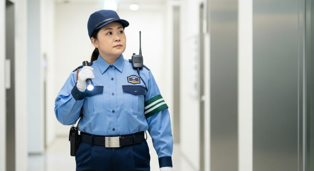 「50代の日本人女性警備員がオフィスビルの廊下を巡回している様子。制服を着用し、無線機と懐中電灯を持ち真剣な表情で業務にあたっている。」