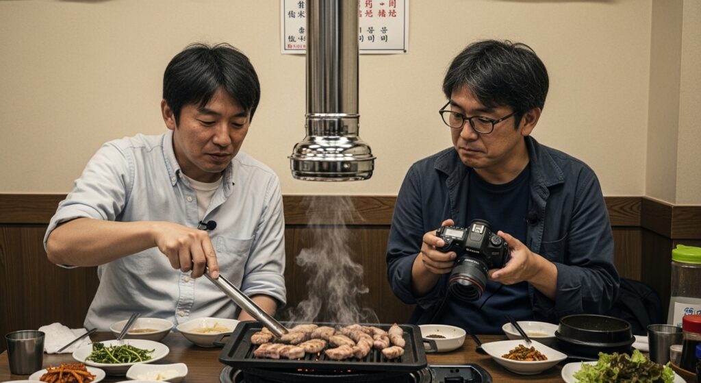 「大久保の韓国料理店でサムギョプサルを味わうシーン」 「大久保の韓国料理店でサムギョプサルを楽しむ40代男性二人」