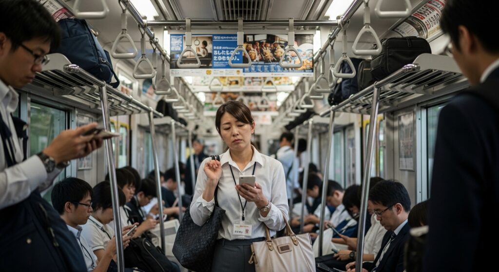 満員の山手線でスマートフォンを見ながら立つ40代女性。通勤のストレスや不安を表現するシーン。