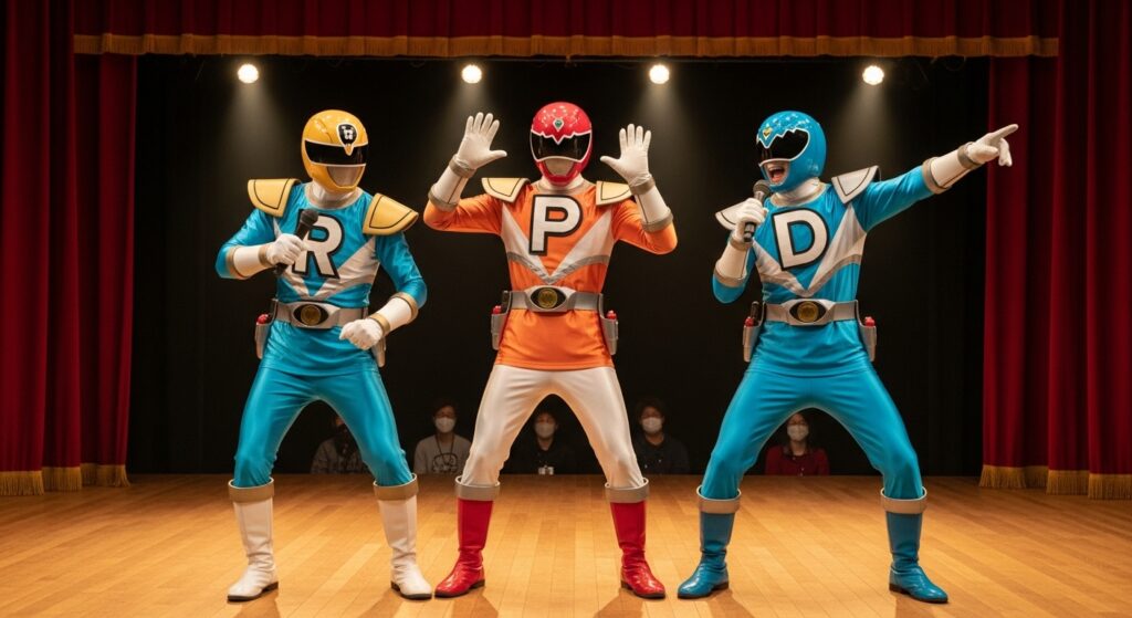 「P・R・Dのヒーローがステージで決めポーズを取る様子。日常でよく使うパーキング・リバース・ドライブギアを表現したシーン。」