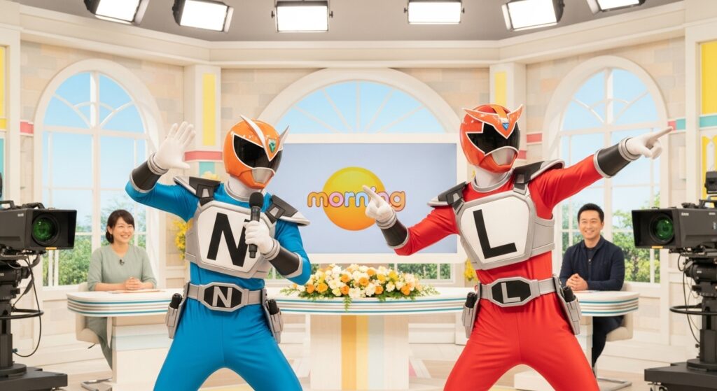「朝の情報番組スタジオでポーズを決めるNとLヒーロー。P・R・N・D・Lの位置を語呂合わせやイメージで楽しく覚えるイメージシーン。」