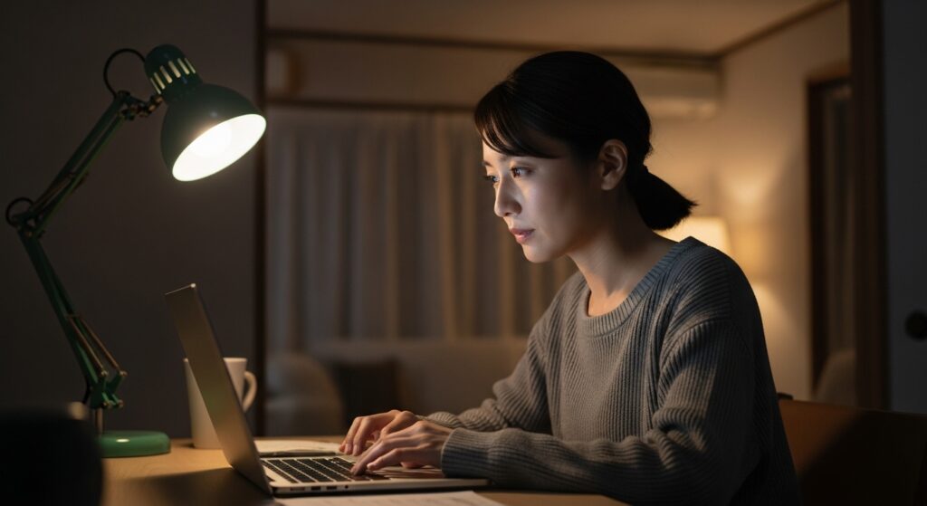 夜の自宅でパソコンを使い、ペーパードライバー講習を真剣に調べている女性