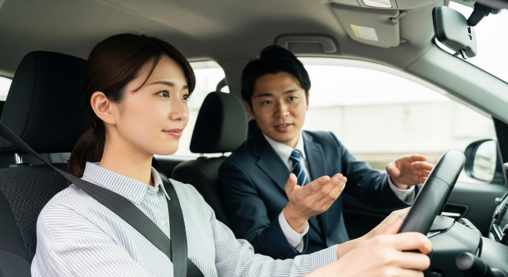 車内でインストラクターから指導を受けながら真剣に運転する女性