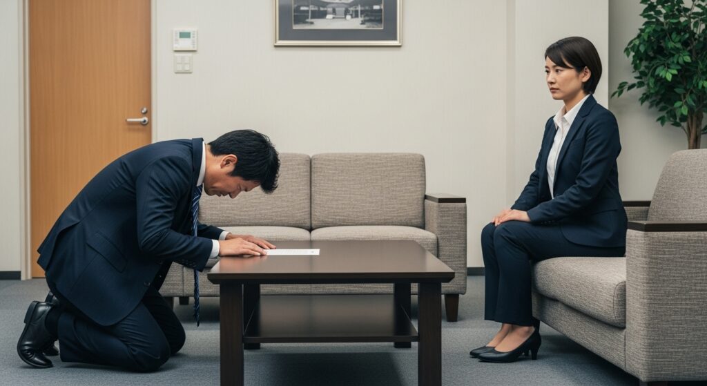 応接室で社長が女性に深く頭を下げて謝罪するシーン