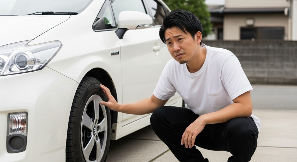30代の男性が駐車場でプリウスのタイヤを点検している様子。ペーパードライバーや初心者向けの安全点検シーン。