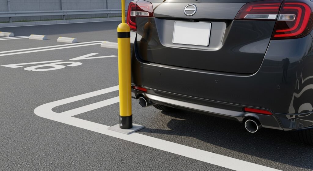 車の後部が黄色いポールに接触している様子 駐車の失敗事例