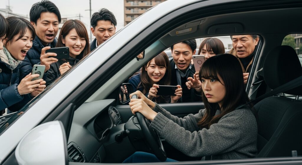 ペーパードライバーの女性が緊張した表情で運転席に座り、周囲の人々がスマホで撮影しているシーン