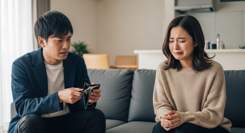 財布を見て困る男性と泣いている女性のシーン