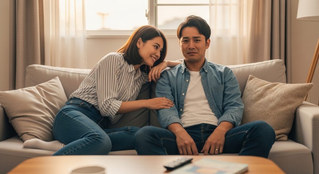 免許を持っていると嘘をついた男性と不安げな表情のカップルシーン 「リビングのソファで笑顔の女性と不安げな表情の男性カップル。運転免許をめぐる会話のワンシーン」