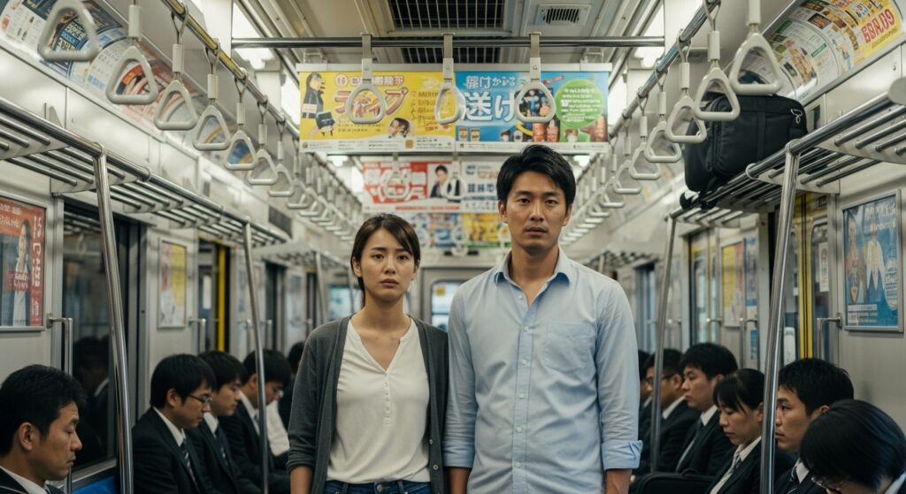 「免許の嘘で緊張する日本人カップルの電車内シーン」 「満員電車に立つ日本人カップル。男性は不安げな表情、女性は緊張感をにじませる。免許の嘘が関係を揺るがすシーン」
