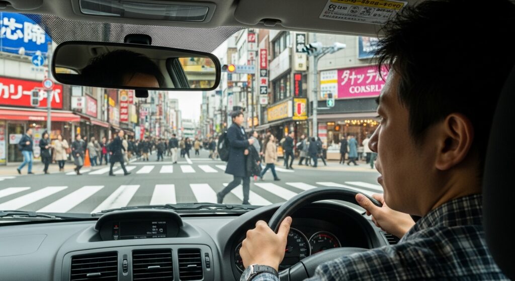 渋谷の交差点で歩行者を前に判断を迷う男性ドライバーの車内視点