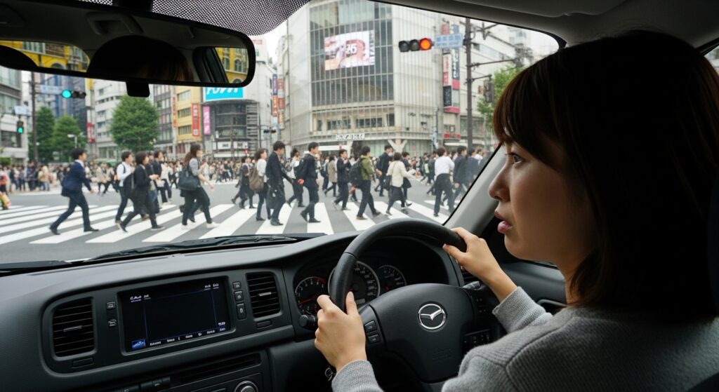 paperdriver-female-shibuya-crosswalk-anxiety 渋谷スクランブル交差点で歩行者を前に緊張する女性ドライバーの車内視点