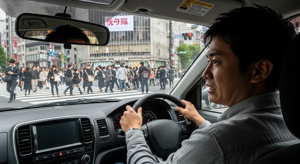 paperdriver-male-shibuya-scramble-anxiety 渋谷スクランブル交差点で大勢の歩行者を前に戸惑う男性ドライバーの車内視点