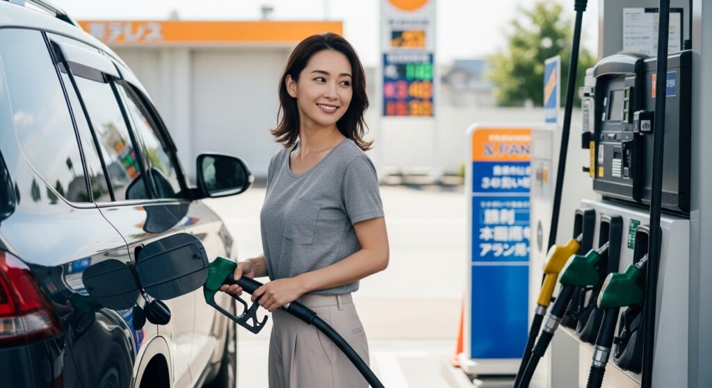 ガソリンスタンドでSUVに給油している30代女性ドライバー｜ペーパードライバー向け基礎知識